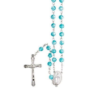 Chapelet grains transparents marbres, Ø 7 mm, chaine couleur argentee, longueur au cœur 34 cm, croix avec Christ.