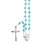 Chapelet grains transparents marbres, Ø 7 mm, chaine couleur argentee, longueur au cœur 34 cm, croix avec Christ.
