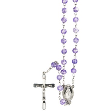 Chapelet grains transparents marbres, Ø 7 mm, chaine couleur argentee, longueur au cœur 34 cm, croix avec Christ.