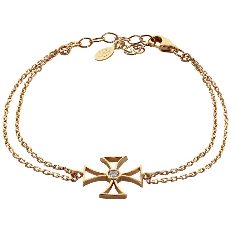 Bracelet en plaqué or ajustable sur chaine avec croix de Malte et ziconium au centre. Livré en boîte.