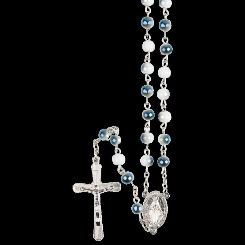 Chapelet grains bicolore blanc/ brillant, Ø 7 mm, chaîne couleur argentée, longueur au cœur 34 cm, croix avec Christ.