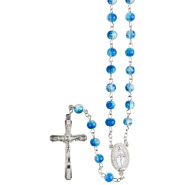Chapelet grains bicolores transparents Ø 7 mm, chaîne argentée, croix avec Christ, longueur au cœur 34 cm, plusieurs couleurs.
