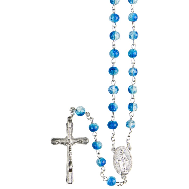 Chapelet grains bicolores transparents Ø 7 mm, chaîne argentée, croix avec Christ, longueur au cœur 34 cm, plusieurs couleurs.