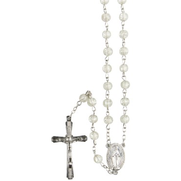 Chapelet grains bicolores transparents Ø 7 mm, chaîne argentée, croix avec Christ, longueur au cœur 34 cm, plusieurs couleurs.