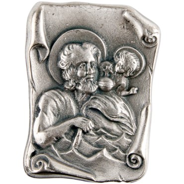 Plaque auto de saint Christophe H. 3 cm forme parchemin en métal couleur argentée
