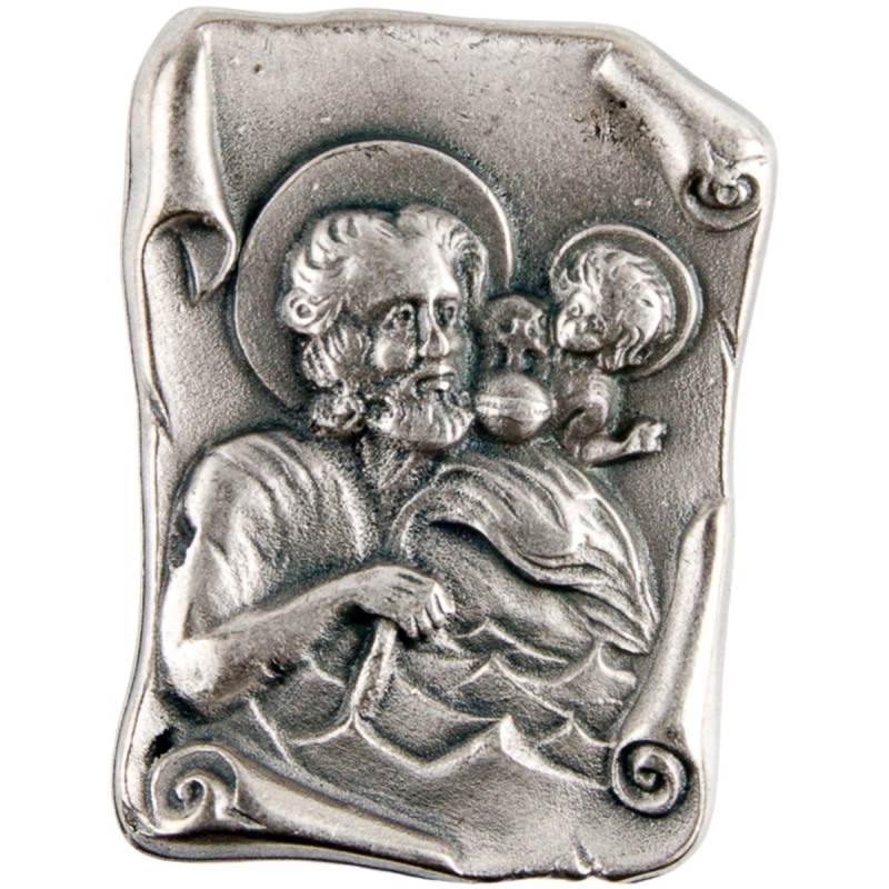 Plaque auto de saint Christophe H. 3 cm forme parchemin en métal couleur argentée