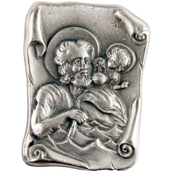 Plaque auto de saint Christophe H. 3 cm forme parchemin en métal couleur argentée