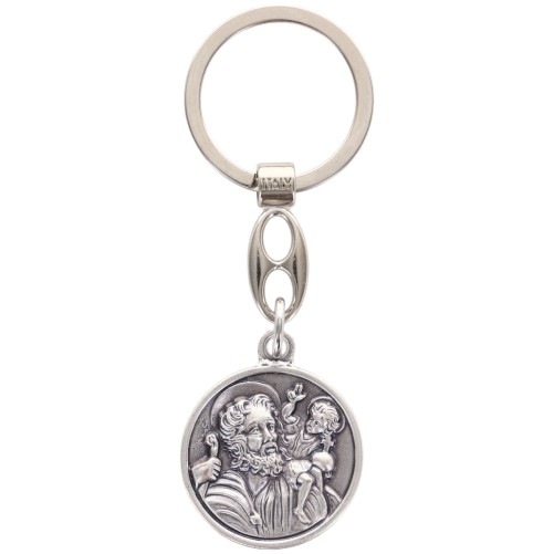 Porte-clés Saint Christophe en métal argenté – Ø 3,5 cm