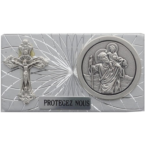 Plaque auto forme rectangle en alu striée H. 3 x 5,5 cm avec croix et médaille de saint Christophe.