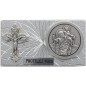 Plaque auto forme rectangle en alu striée H. 3 x 5,5 cm avec croix et médaille de saint Christophe.