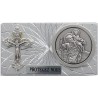 Plaque auto forme rectangle en alu striée H. 3 x 5,5 cm avec croix et médaille de saint Christophe.
