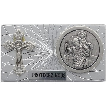 Plaque auto forme rectangle en alu striée H. 3 x 5,5 cm avec croix et médaille de saint Christophe.