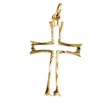 Croix de cou évidée en plaqué or – H. 3,4 cm. Livrée en boîte.