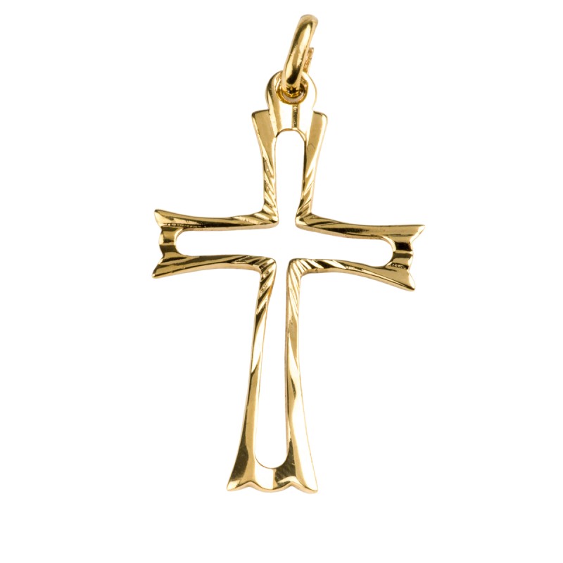 Croix de cou évidée en plaqué or – H. 3,4 cm. Livrée en boîte.