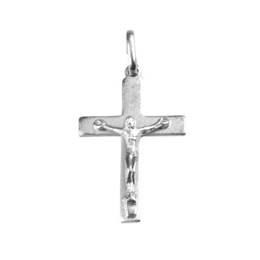 Croix de cou plate en argent 925 °/°° avec Christ en relief H. 2,5 cm (1,36 g). Livree en boite