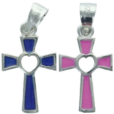 Croix emaillee avec coeur au centre en argent 925  °/°° H. 1.3 cm, differentes couleurs. Livree en boite.