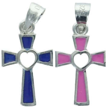 Croix emaillee avec coeur au centre en argent 925  °/°° H. 1.3 cm, differentes couleurs. Livree en boite.