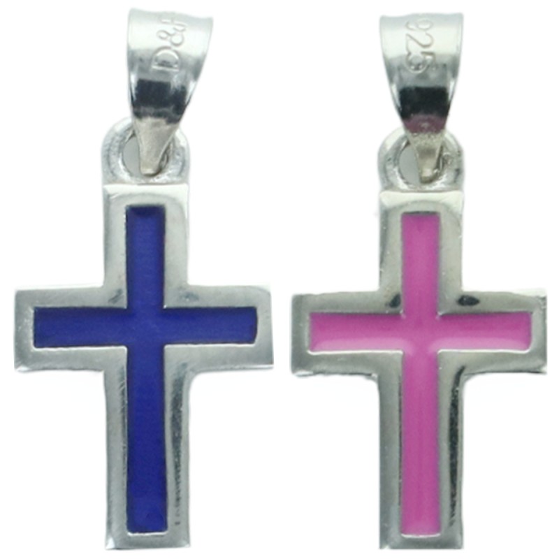 Croix de cou emaillee en argent 925  °/°° (0.9 g) H. 1.3 cm, differentes couleurs. Livree en boite.