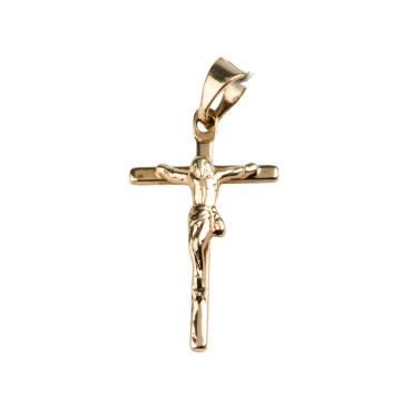 Croix de cou baton en plaque or avec Christ H. 2,4 cm. Livree en boite