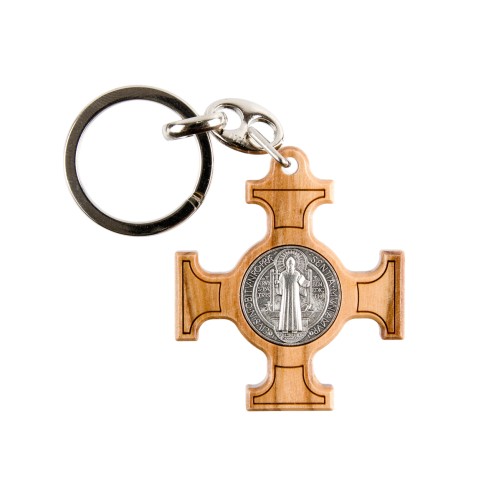 Porte-clés de saint Benoit H. 4 cm en bois d'olivier.