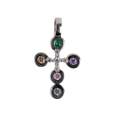 Croix de cou arrondie en argent 925 (1,15 g) avec zirconiums multicolores – H. 1,7 cm. Livrée en boîte.