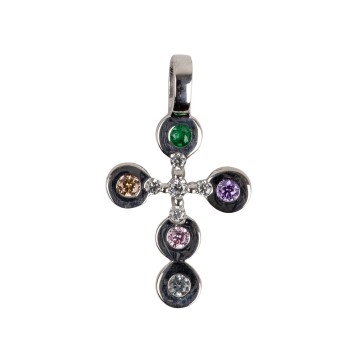 Croix de cou arrondie en argent 925 (1,15 g) avec zirconiums multicolores – H. 1,7 cm. Livrée en boîte.