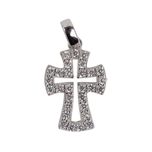 Croix de cou ajourée en argent 925°/°° sertie de zirconium H. 1,7 cm (1,64 g). Livrée en boîte