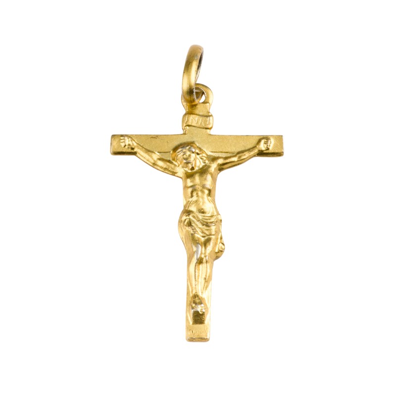 Croix de cou en plaque or avec Christ H. 2,5 cm. Livree en boite