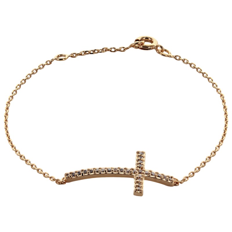 Bracelet en plaqué or ajustable, avec croix sertie de zirconium – H. 2,5 cm. Livré en boîte.