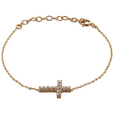 Bracelet en plaqué or ajustable, avec croix sertie de zirconium – H. 1,5 cm. Livré en boîte.