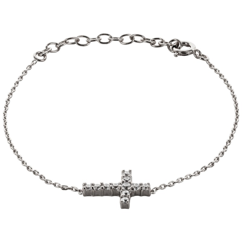 Bracelet en argent 925 (1,78 g) ajustable, avec croix sertie de zirconium – H. 1,5 cm. Livré en boîte.