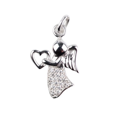 Pendentif ange avec cœur en argent rhodié 925 (2,39 g), serti de zirconium blanc – H. 2,5 cm. Livré en boîte.