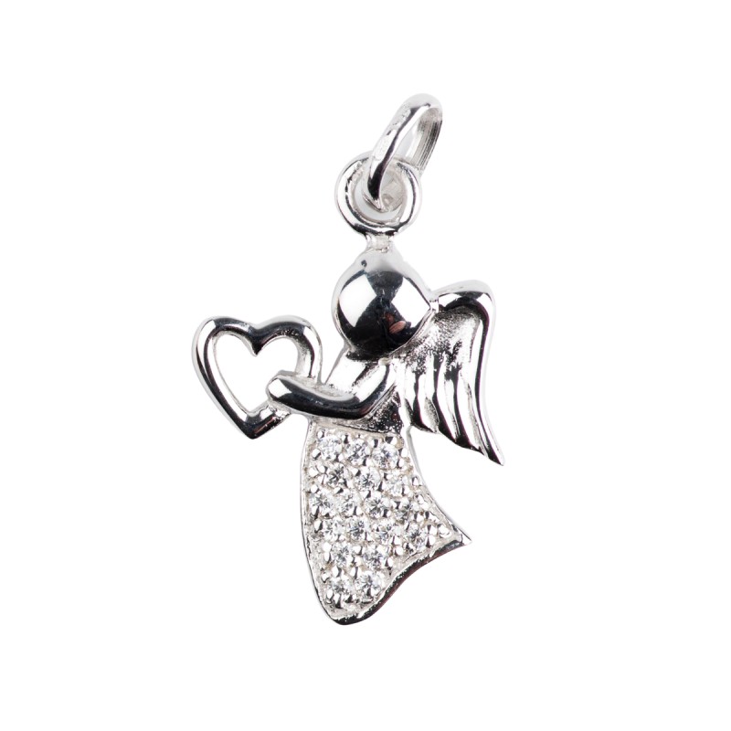 Pendentif ange avec cœur en argent rhodié 925 (2,39 g), serti de zirconium blanc – H. 2,5 cm. Livré en boîte.