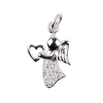 Pendentif ange avec cœur en argent rhodié 925 (2,39 g), serti de zirconium blanc – H. 2,5 cm. Livré en boîte.
