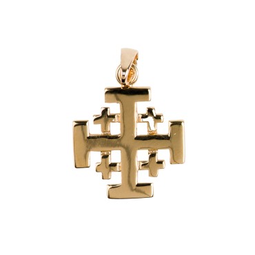 Croix de cou de Jérusalem en plaqué or – H. 1,5 cm. Livrée en boîte.