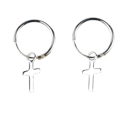 Boucle d oreille créole en argent 925 °/°° avec croix (0.70 g).