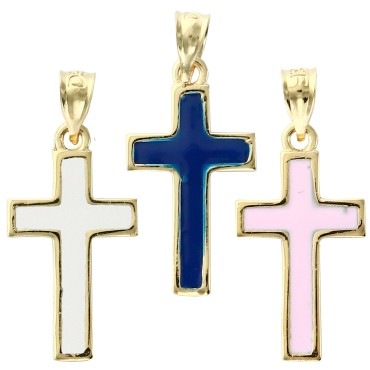 Croix de cou en plaque or, emaillee de differentes couleur. H 1,5 cm. Livree en boite.
