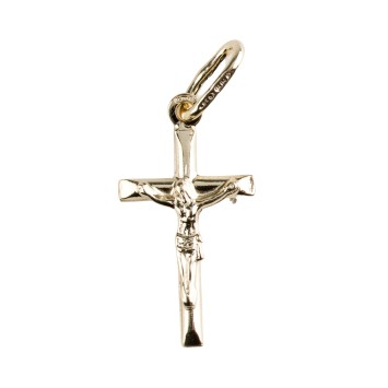 Croix de cou bâton en plaqué or avec Christ – H. 2 cm. Livrée en boîte.
