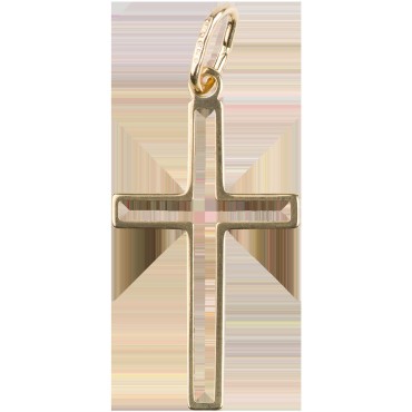 Croix de cou en plaque or ajouree H. 2,5 cm. Livree en boite