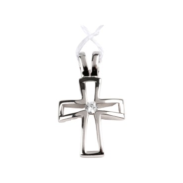 Croix de cou ajourée en argent 925 (2,75 g) avec zirconium au centre – H. 1,8 cm. Livrée en boîte.