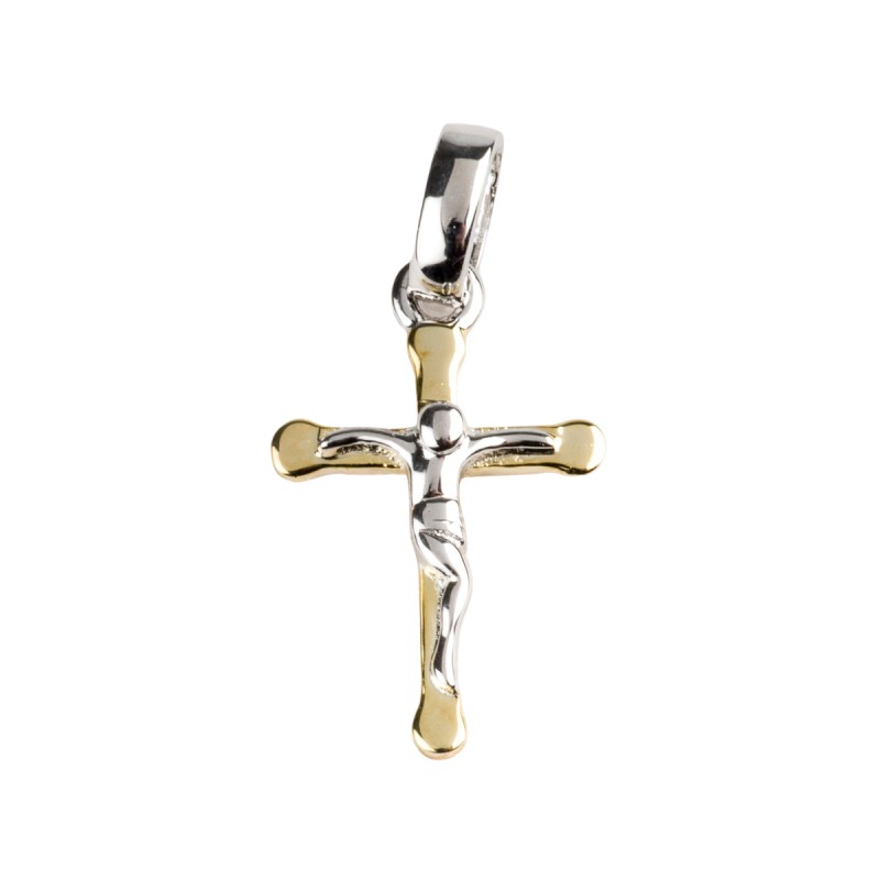 Croix de cou en plaqué or avec Christ en argent 925 (0,77 g) – H. 1,5 cm. Livrée en boîte.