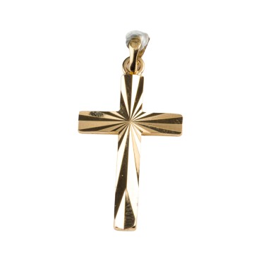 Croix de cou striee en plaque or H. 2,5 cm. Livree en boite