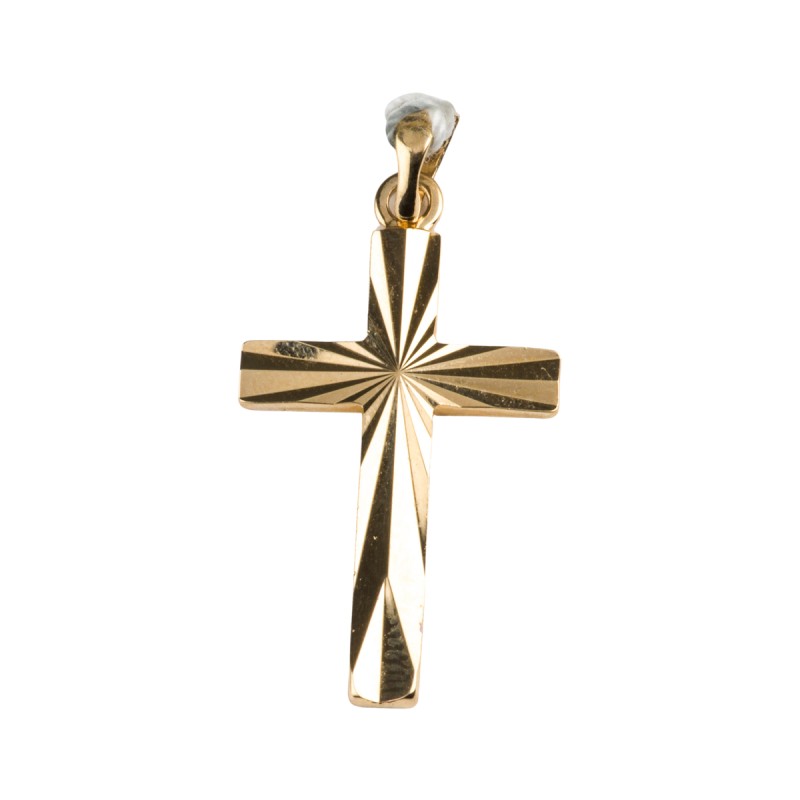 Croix de cou striee en plaque or H. 2,5 cm. Livree en boite