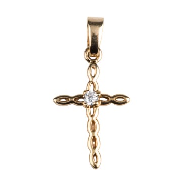 Croix de cou torsadee en plaque or avec zirconium au centre H. 2,2 cm. Livree en boite