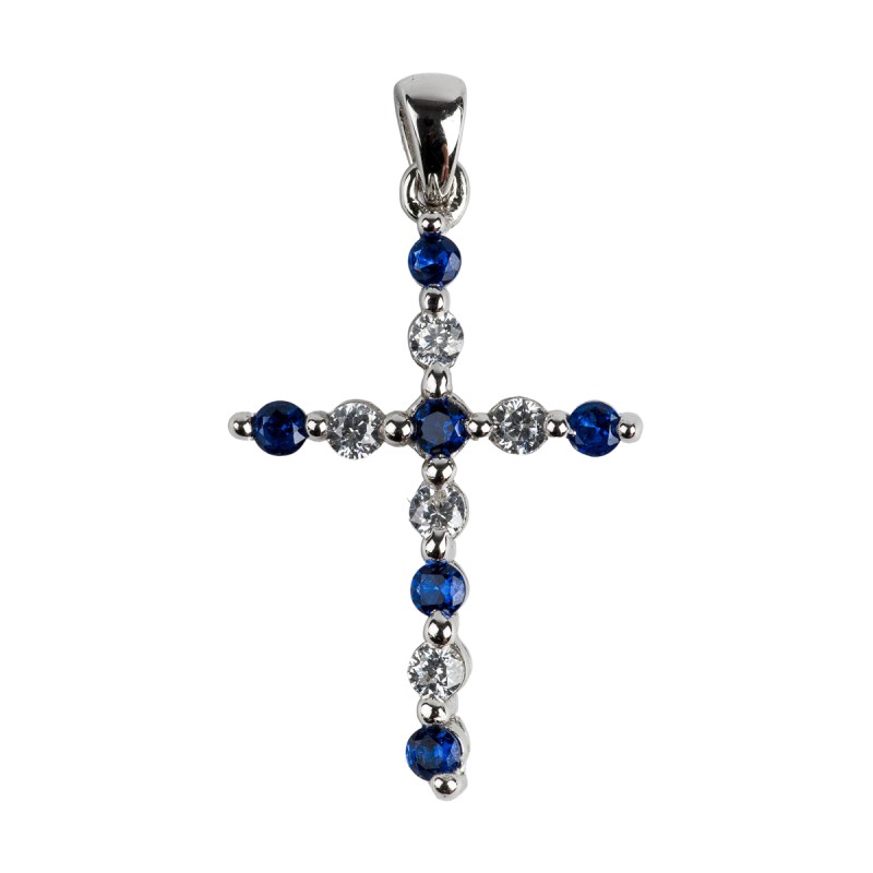 Croix de cou en argent 925 (1,03 g) avec zirconium blanc et bleu – H. 2,2 cm. Livrée en boîte.