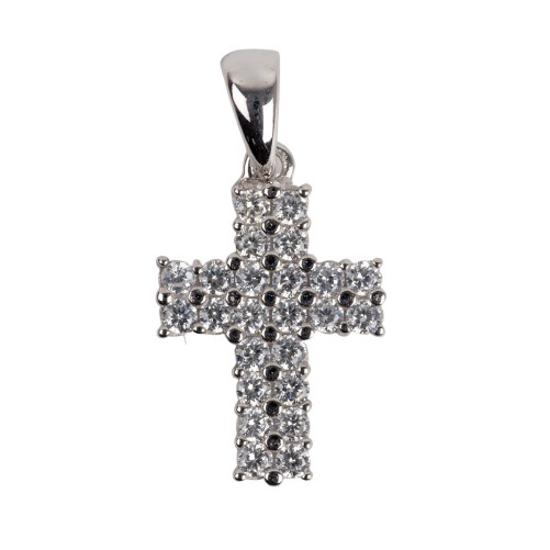 Croix de cou en argent 925 °/°° sertie de zirconium H. 1,7 cm (1.87 g). Livrée en boîte
