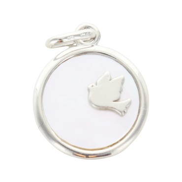 Médaille en argent 925 et nacre avec colombe – Ø 1,5 cm. Livrée en boîte.