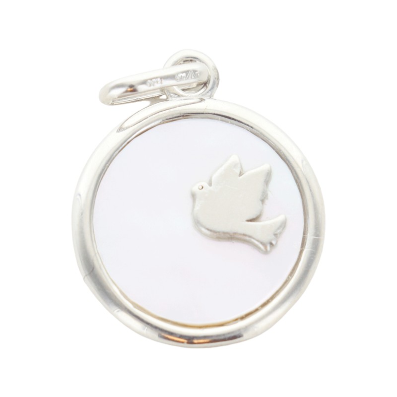 Médaille en argent 925 et nacre avec colombe – Ø 1,5 cm. Livrée en boîte.