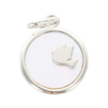 Médaille en argent 925 et nacre avec colombe – Ø 1,5 cm. Livrée en boîte.