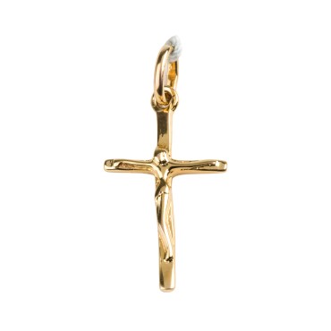 Croix de cou en plaqué or avec Christ – H. 2,5 cm. Livrée en boîte.